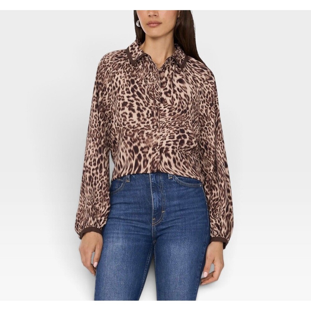 NWT Vince Camuto Cheetah Leopard Print Collared Neck Long Sleeve Top Size M $99